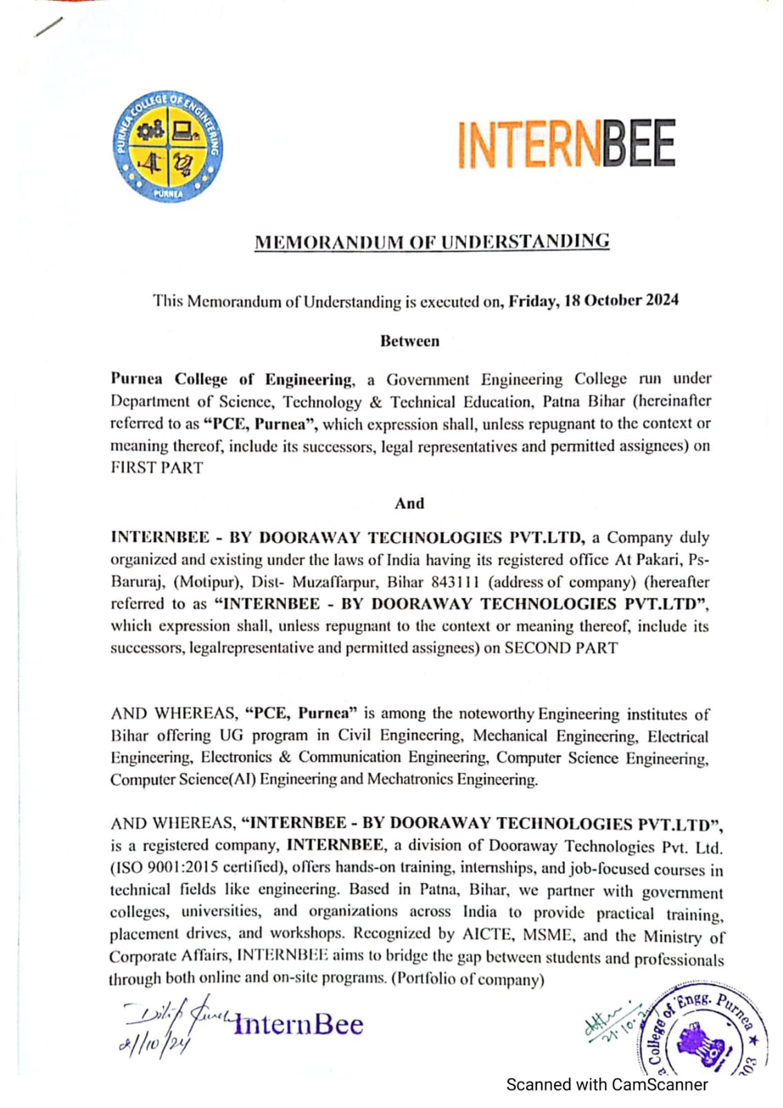 MoU Between Internbee and PCE, Purnea
